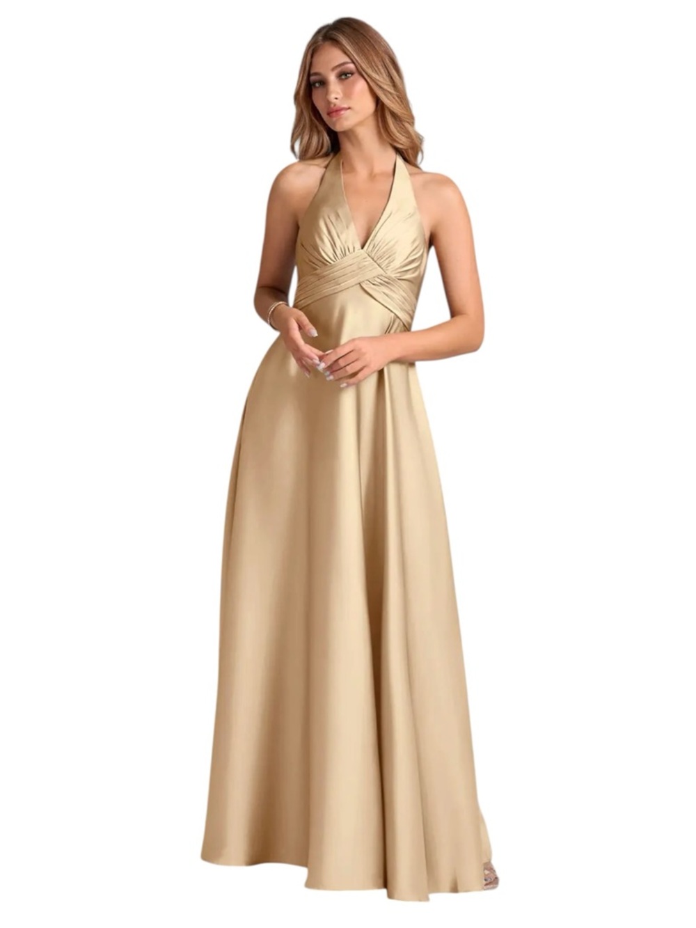 Azazie Tessie Champagne A-Line Halter Stretch Satin Maxi Dress Size A12